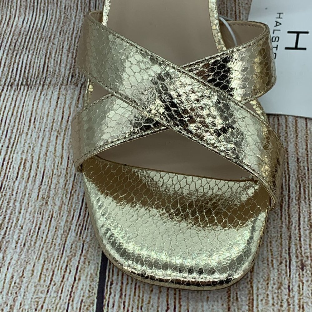 Halston Metallic Gold Snakeskin Strappy Heels - Picture 8 of 12